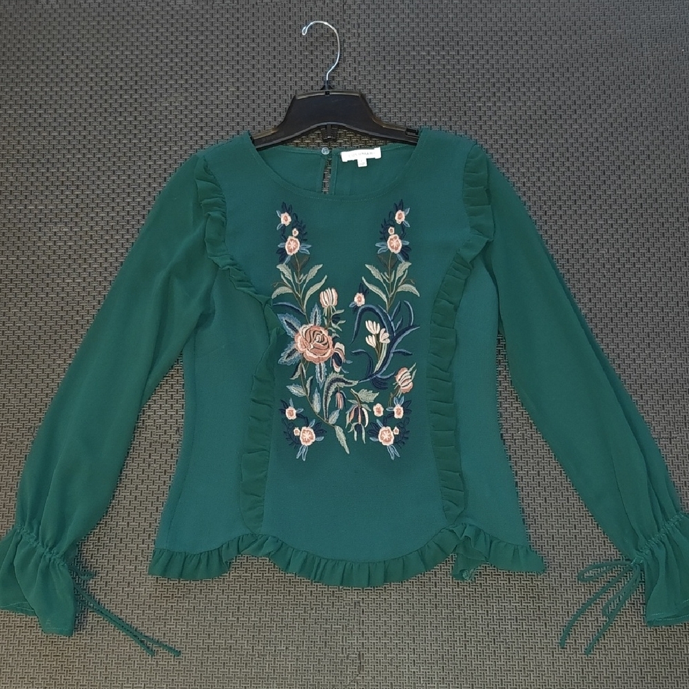 Lulumari Teal Blouse with Floral Embroidery